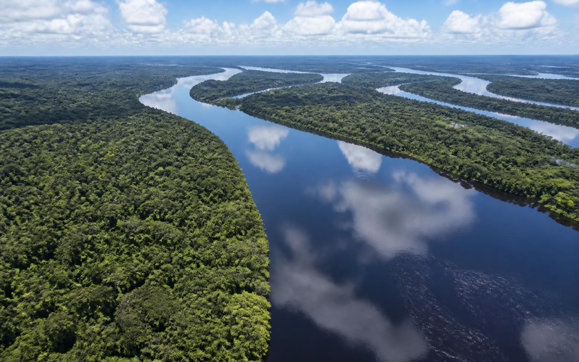 Aerial view of a river winding through the Brazilian Amazon rainforest at sunrise